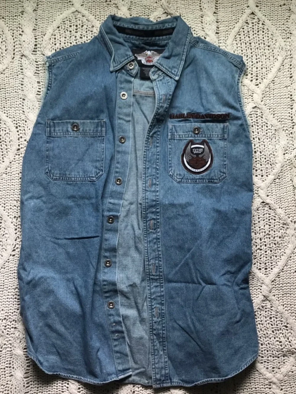 Harley Davidson Mens small 105 Anniversary Blue Sleeveless Denim vintage  - like